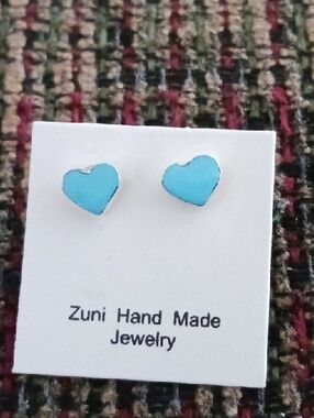 Zuni Handmade Turquoise Heart Stud Earrings - Blue